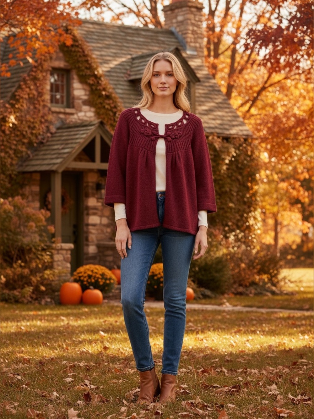 Sharagano Burgundy Cutout Crochet Yoke Leaf Knit Sweater 3/4 Sleeve Cardigan S